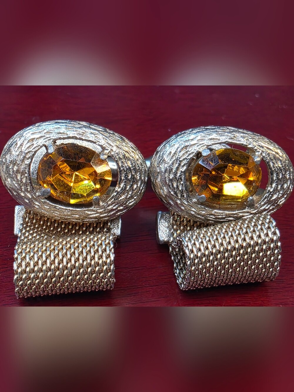 Vintage Cufflinks Dante Amber Brown Faceted Stone Wrap Around Mesh Gold-tone MCM